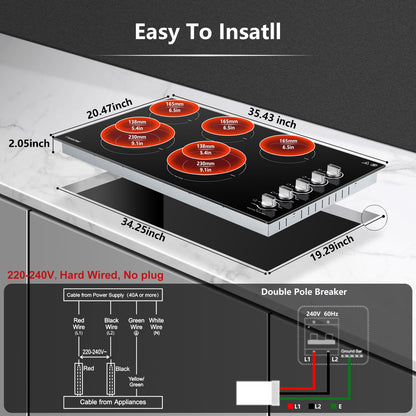 AMZCHEF Cooktop Elétrico 36" Embutido 5 Zonas de Aquecimento (Preto)