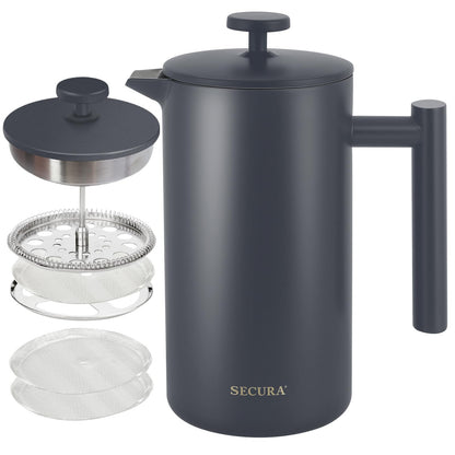 Secura Cafeteira Francesa de Aço Inox 304 com 2 Filtros Extras 1L (Cinza)