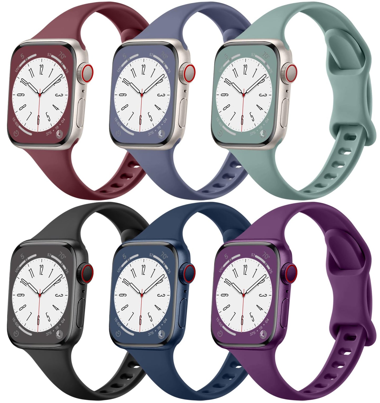 Lerobo 6 Pulseiras Slim Silicone p/ Apple Watch 38mm-49mm (Cores Variadas)