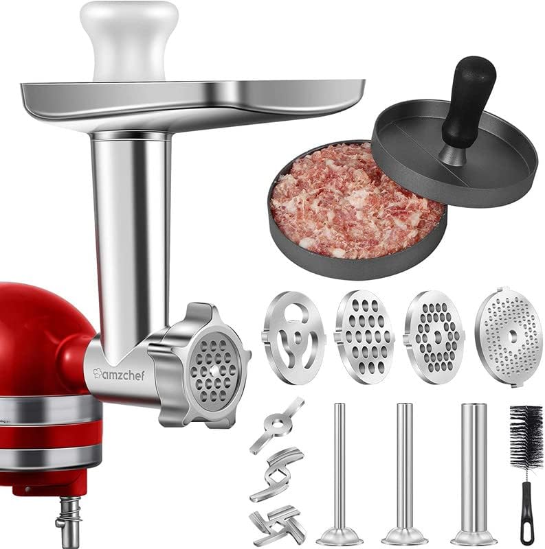 AMZCHEF Moedor de Carne Compatível com KitchenAid Stand Mixer (Prata)