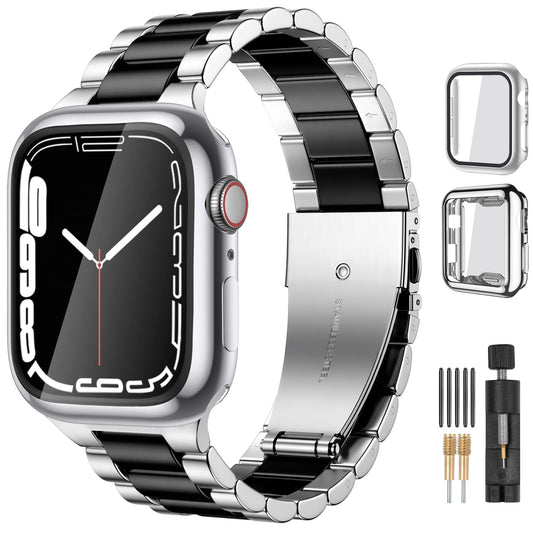 Lerobo Pulseira de Aço Inoxidável para Apple Watch + 2 Capas (Preto e Prata)