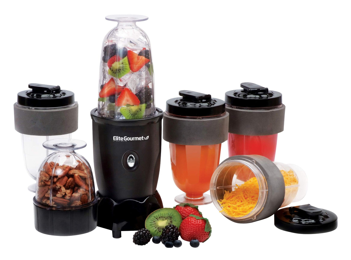 Elite Gourmet Mixer e Blender Pessoal 17 Peças com Copos Reutilizáveis (Preto)