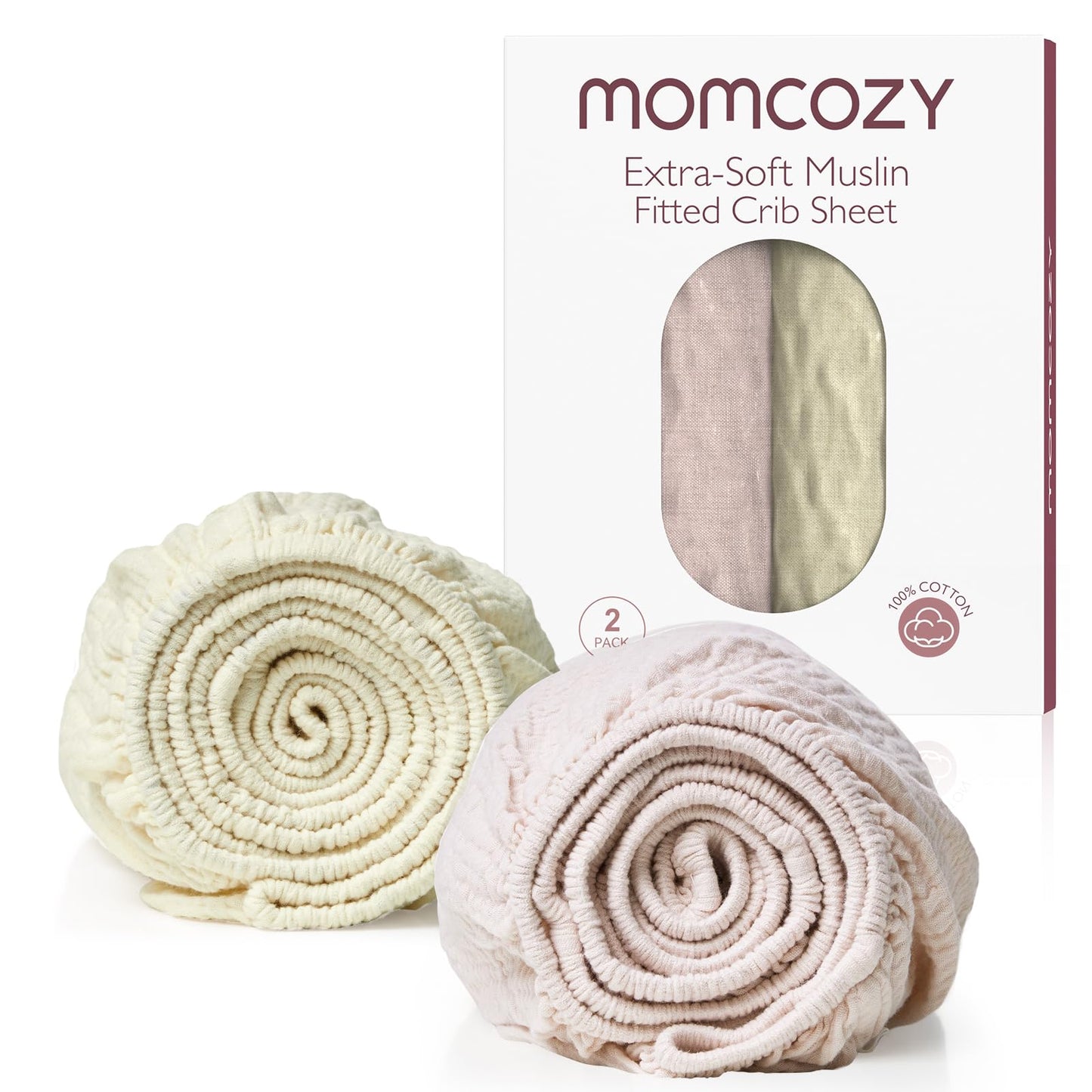 Momcozy Lençóis Mini Berço Musselina 38"x26" (Creme Blush) 2 Unid Conforto Total