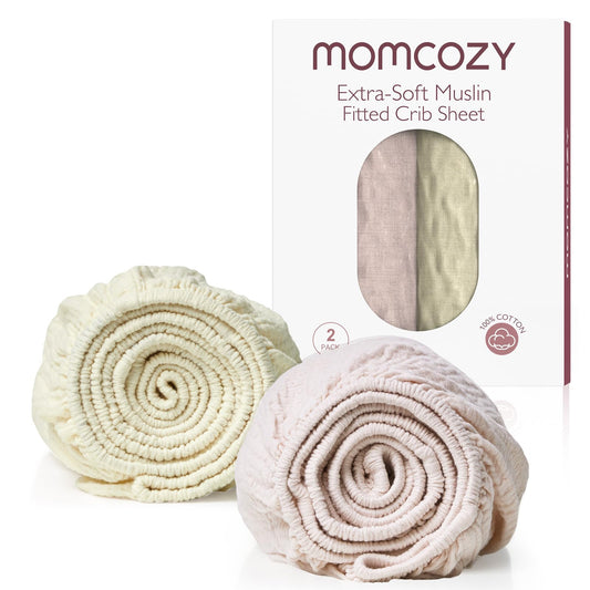 Momcozy Lençóis Mini Berço Musselina 38"x26" (Creme Blush) 2 Unid Conforto Total