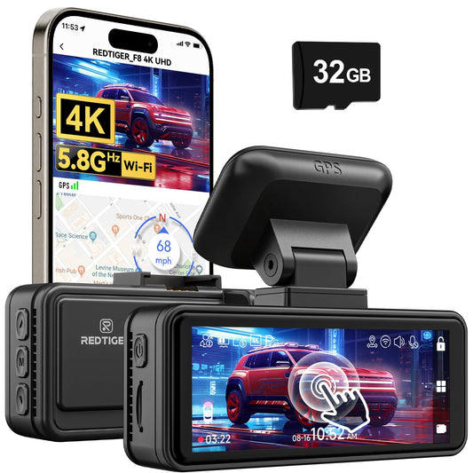 REDTIGER Dash Cam 4K, Wi-Fi 5.8GHz, GPS, Visão Noturna, 32GB