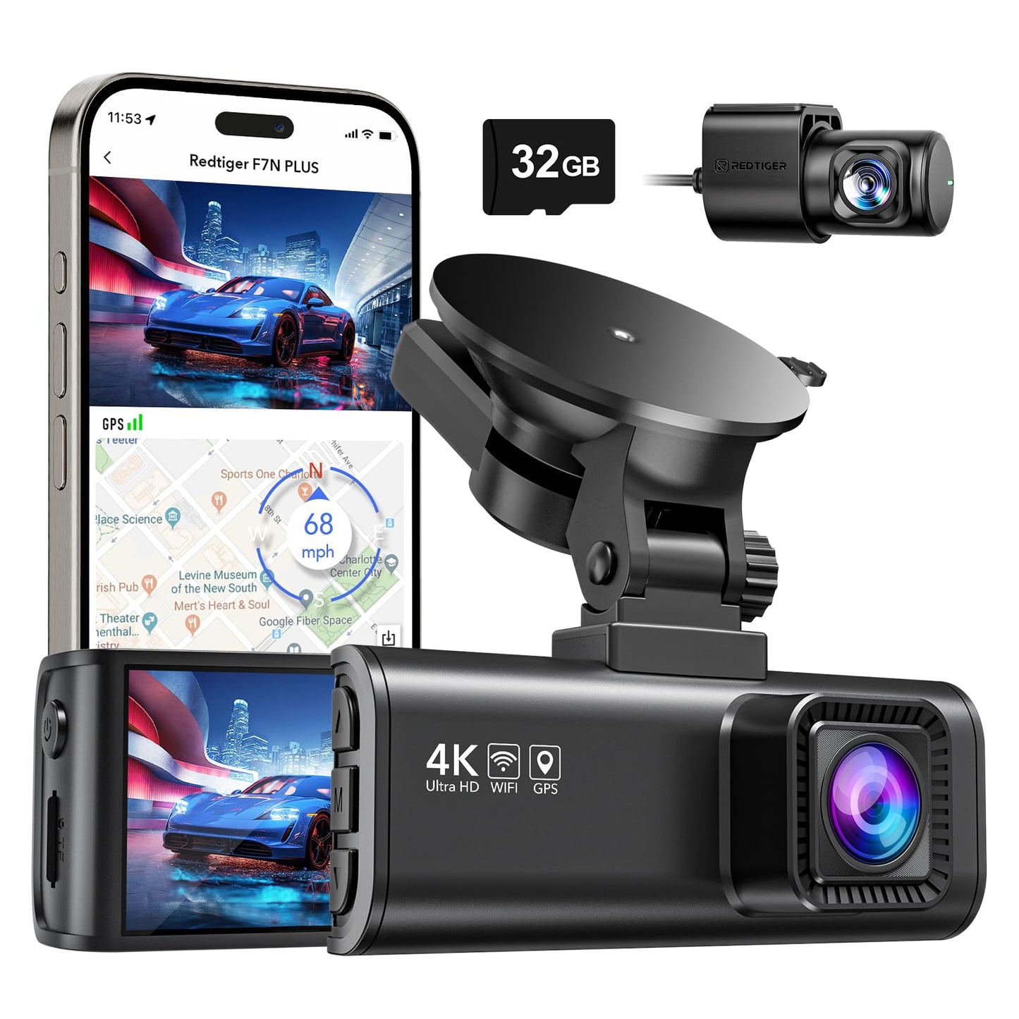 REDTIGER F7NP Dash Cam 4K Dual, Wi-Fi, GPS e Cartão 32GB