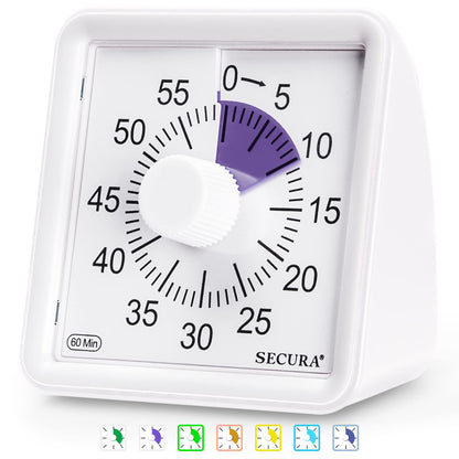 Secura Timer Visual de 60 Minutos para Sala de Aula e Estudo (Roxo e Branco)