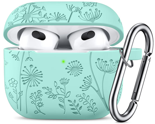 Título com 70 caracteres: Lerobo Capa para AirPods 3ª Geração com Chaveiro e Gravação Floral (Verde Menta)