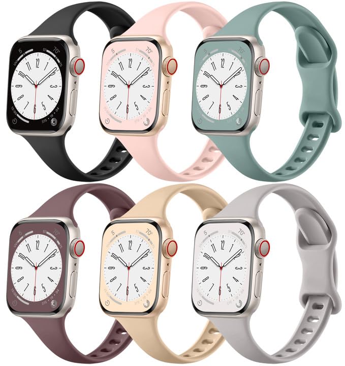 Lerobo 6 Pulseiras Slim Silicone Compatíveis c/ Apple Watch 38mm-49mm (Cores Variadas)