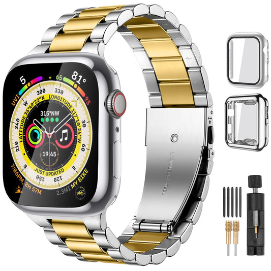 Lerobo Pulseira Aço Inoxidável para Apple Watch, 38-49mm, (Dourado e Prateado)