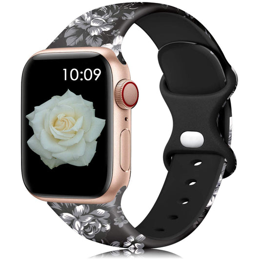 Lerobo Pulseira Floral de Silicone para Apple Watch, 38-49mm (Rosas negras)