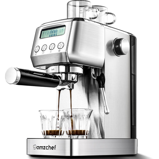 Máquina de Espresso AMZCHEF com Espumador de Leite e Painel LCD (Prata)