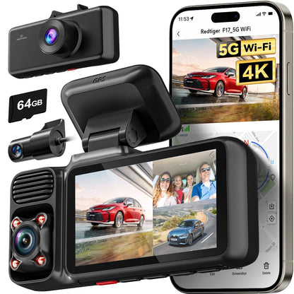 REDTIGER F17 Dash Cam 4K Tripla com Wi-Fi 5GHz, GPS e Cartão 64GB