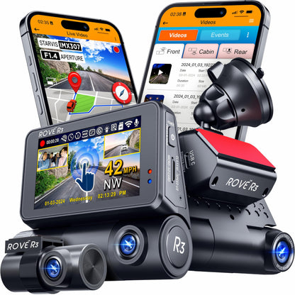 ROVE R3 Dash Cam 3 Canais, 1440P+1080P, Wi-Fi 5GHz e GPS