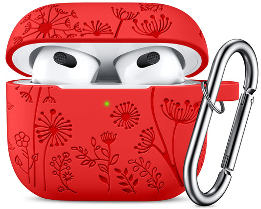 Lerobo Capa c/ Chaveiro p/ AirPods 3ª Geração, Gravação Floral (Vermelho)