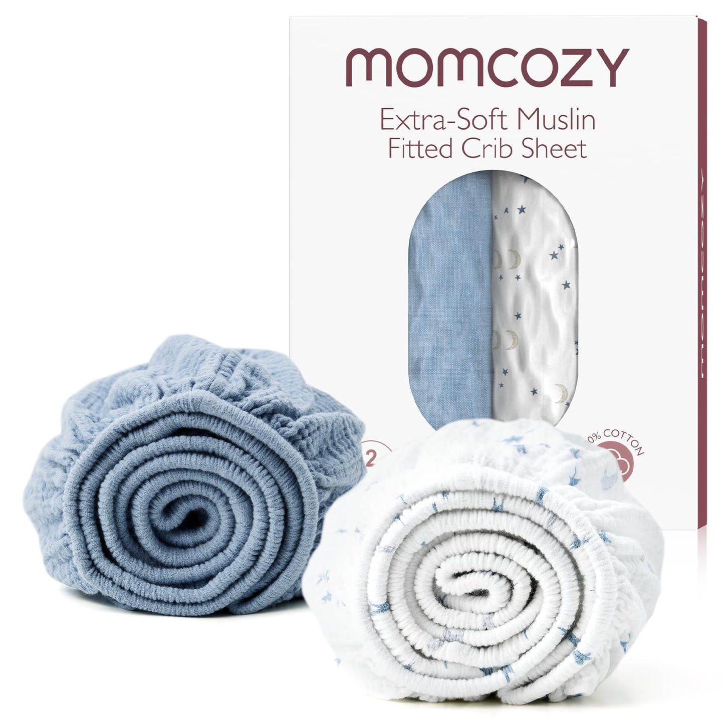 Momcozy Lençóis Mini Berço Muslin 38"x26" (Estampa Azul Estrela Lua) 2 Unid