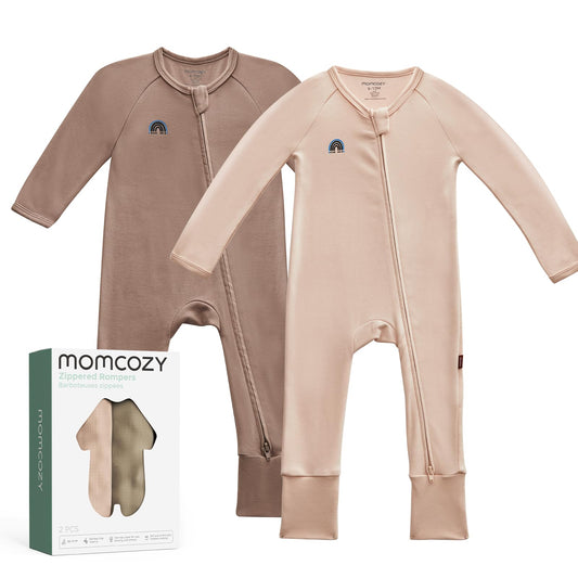 Momcozy Macacão Bebê Algodão e Bambu 18-24M Zíper Duplo Marrom Rosado Cinza