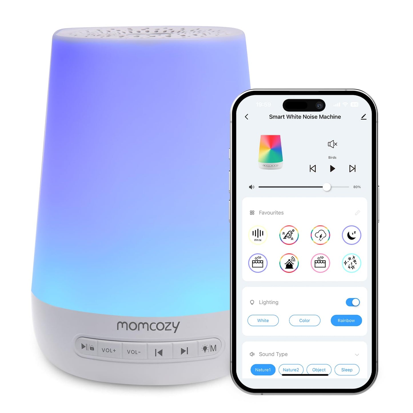 Momcozy Máquina de Som para Bebês com Luz Noturna e Controle por App - Azul