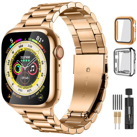 Lerobo Pulseira de Aço Inoxidável para Apple Watch, 38-49mm + 2 Capas (RoyalGold)