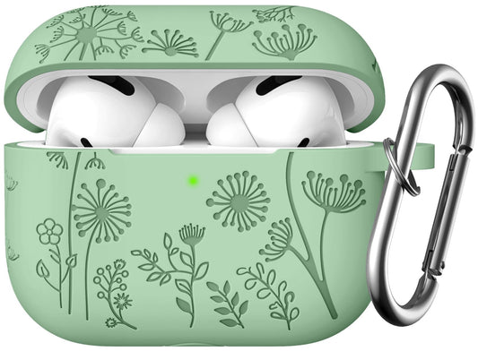 Lerobo Capa Floral Silicone para AirPods Pro 2ª/1ª Geração com Mosquetão (Verde Grama)