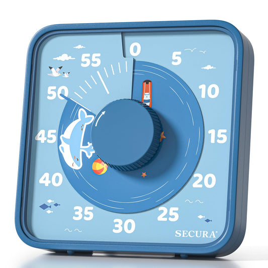 Secura Timer Visual Infantil 7.5'' com Padrão de Animais, Mecânico, Azul