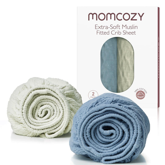 Momcozy Lençóis Musselina Mini Berço 38"x26" Azul Cinza (2un) Conforto Total