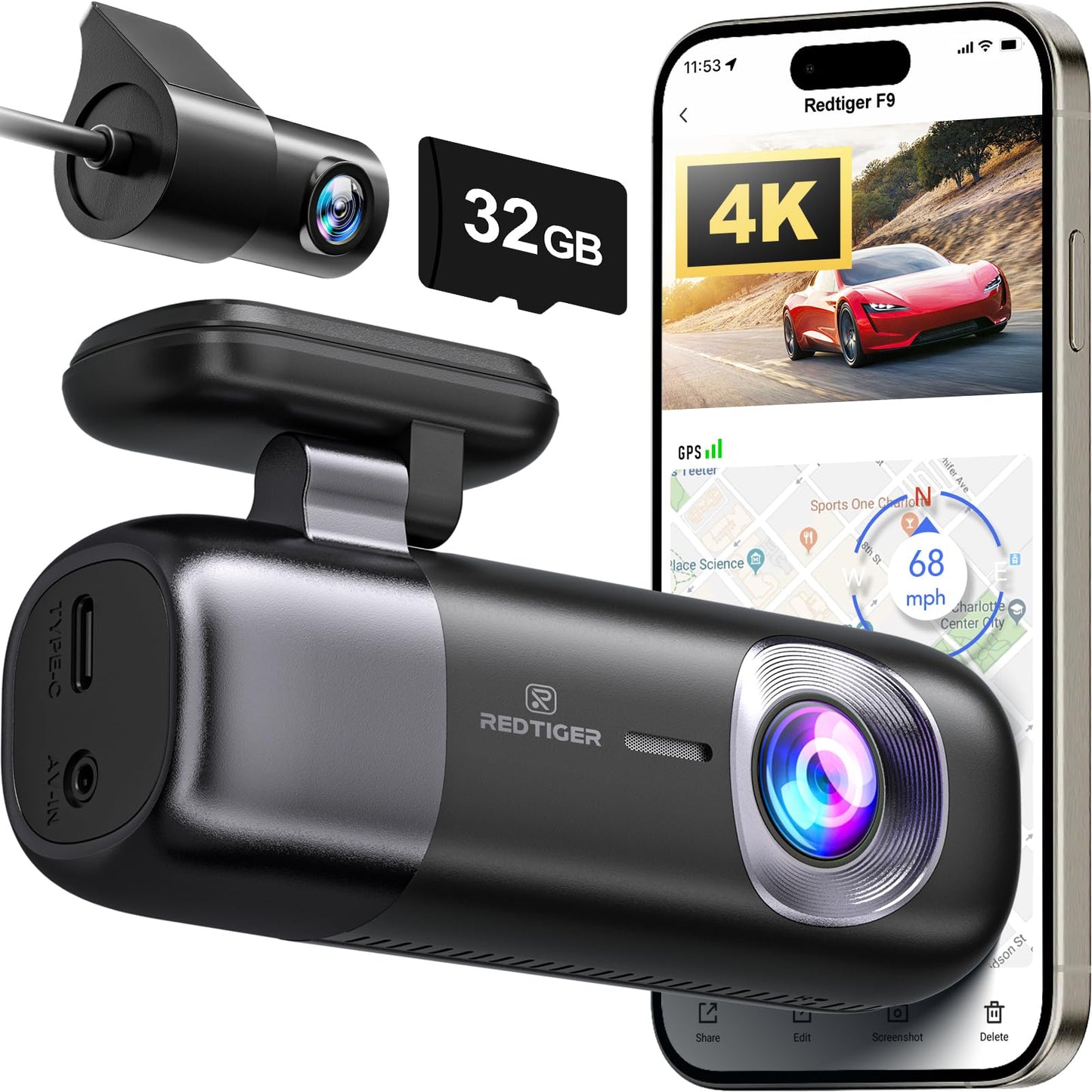 REDTIGER Dash Cam 4K F9, Dual Câmera, Wi-Fi, GPS, Visão Noturna