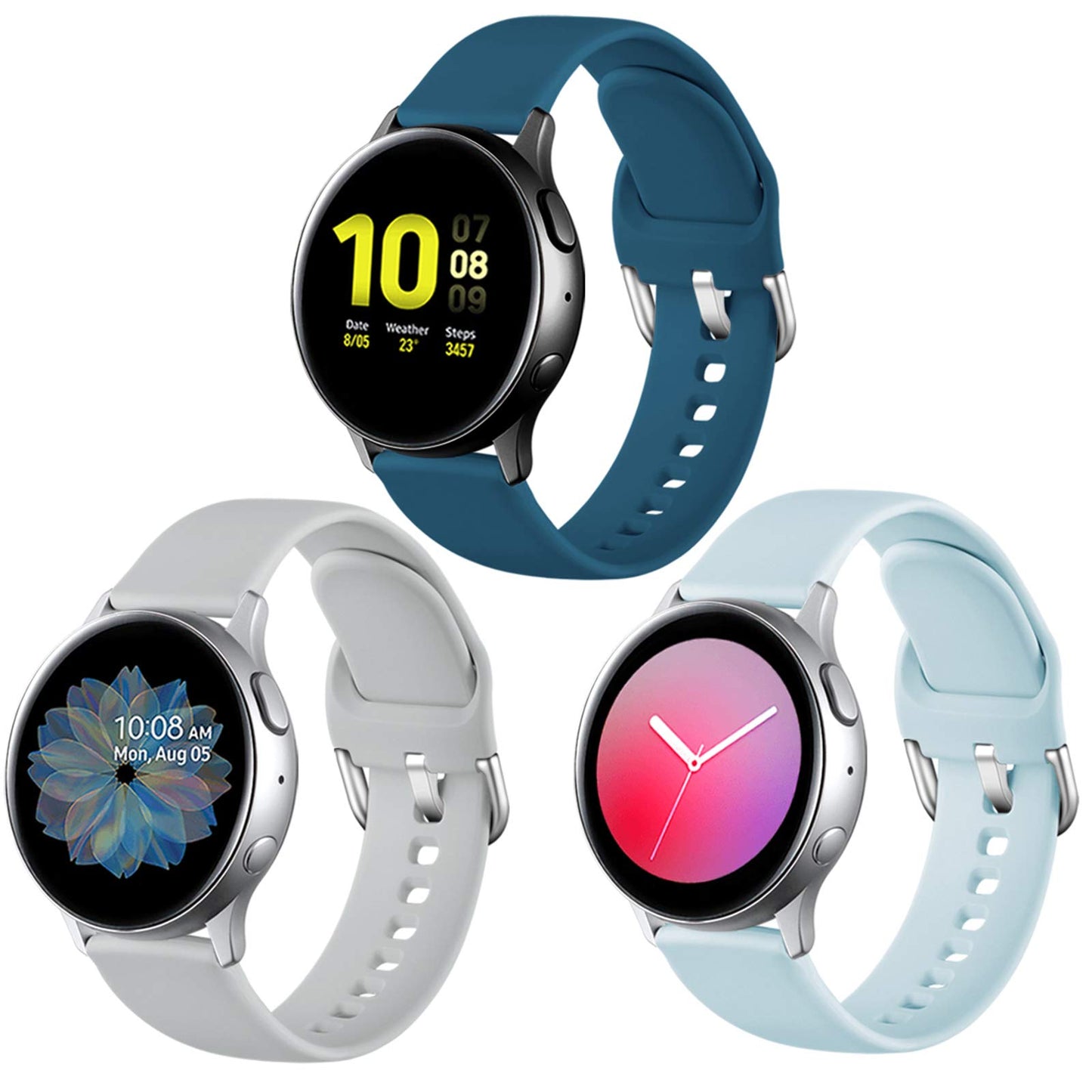 Lerobo 3 Pulseiras Silicone p/ Galaxy Watch Active 2 40mm - P (Cinza/Oceano/Azul claro)