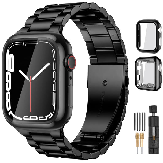 Lerobo Pulseira Aço Inox p/ Apple Watch 38-49mm + 2 Capas (Preto)